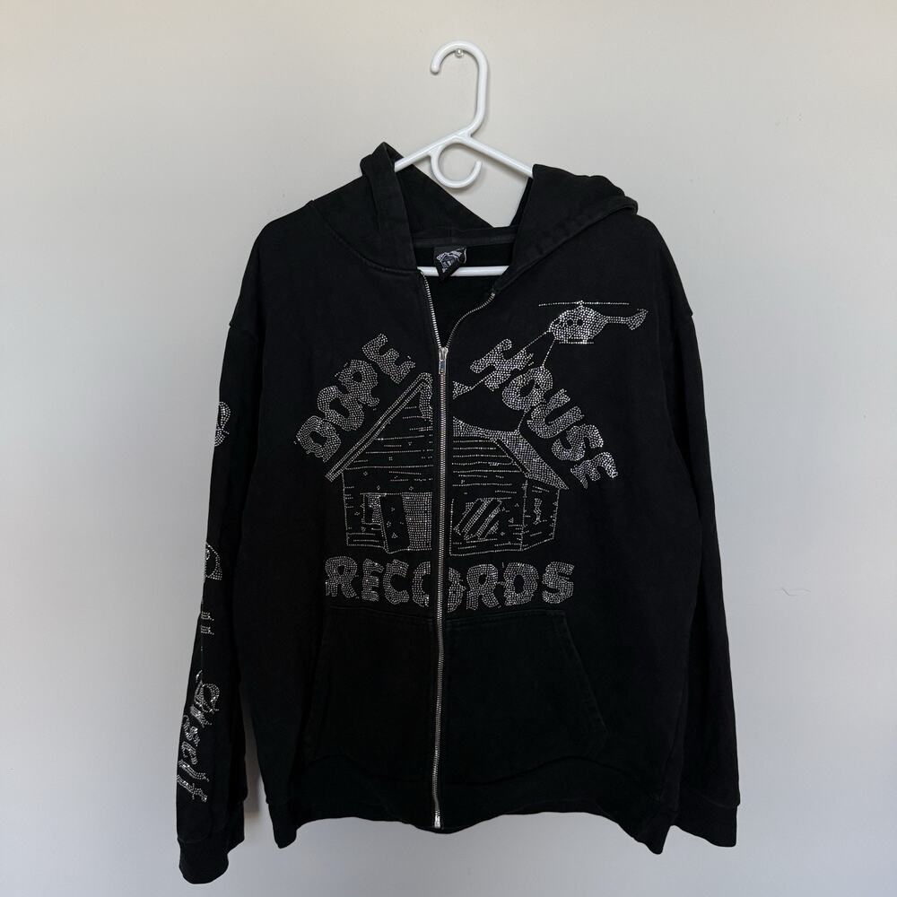 DHR Dope House Records Womens Rhinestone Hoodie XL Black Zip Up Y2K Premium - Picture 2 of 8